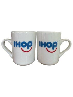 Set of 2 IHOP Coffee Mugs SMILE Tuxton White Blue Red 8 oz House of Pancakes